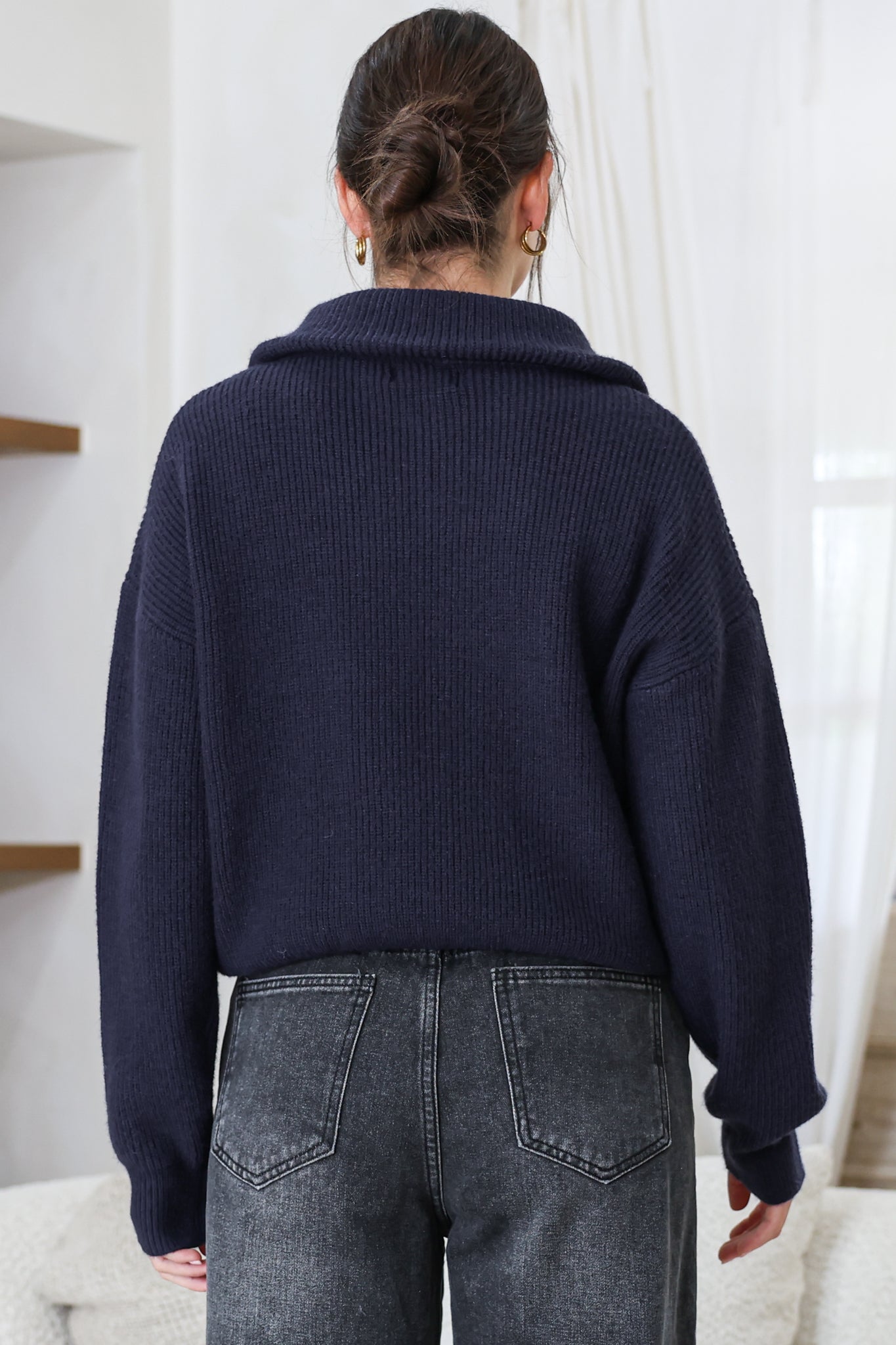 Logan Cardigan - Zipper Front Ribbed Knit with Wing Collar in Navy