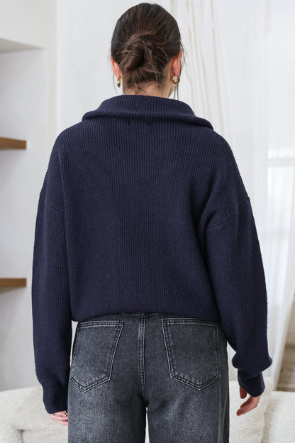 Logan Cardigan - Zipper Front Ribbed Knit with Wing Collar in Navy