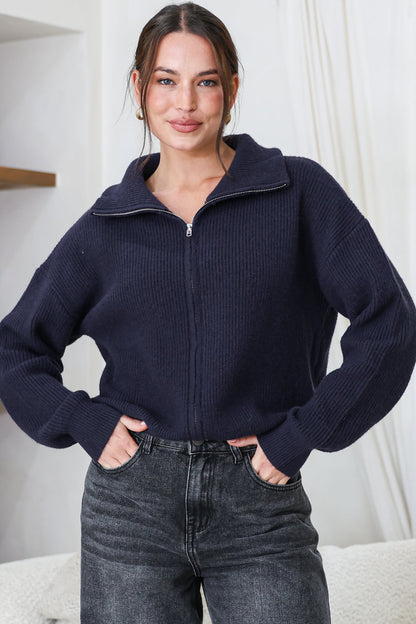 Logan Cardigan - Zipper Front Ribbed Knit with Wing Collar in Navy