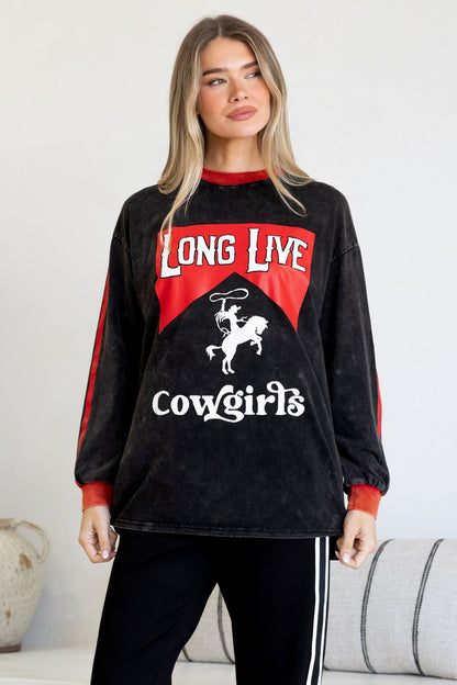Long Live Cowgirls Long Sleeve Tee - Crew Neck Contrast Stripe Graphic T-Shirt in Black