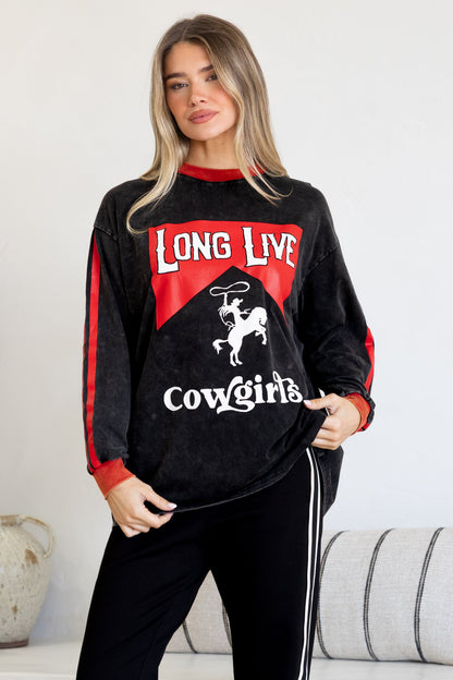 Long Live Cowgirls Long Sleeve Tee - Crew Neck Contrast Stripe Graphic T-Shirt in Black