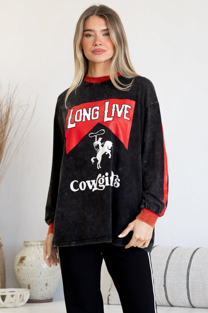 Long Live Cowgirls Long Sleeve Tee - Crew Neck Contrast Stripe Graphic T-Shirt in Black