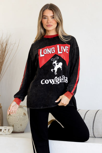 Long Live Cowgirls Long Sleeve Tee - Crew Neck Contrast Stripe Graphic T-Shirt in Black