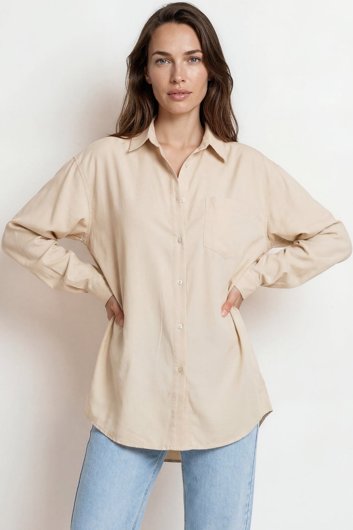 Lopez Shirt - Wing Collared Oversized Button Down with Bodice Pocket in Beige