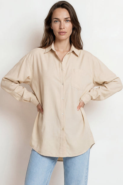Lopez Shirt - Wing Collared Oversized Button Down with Bodice Pocket in Beige