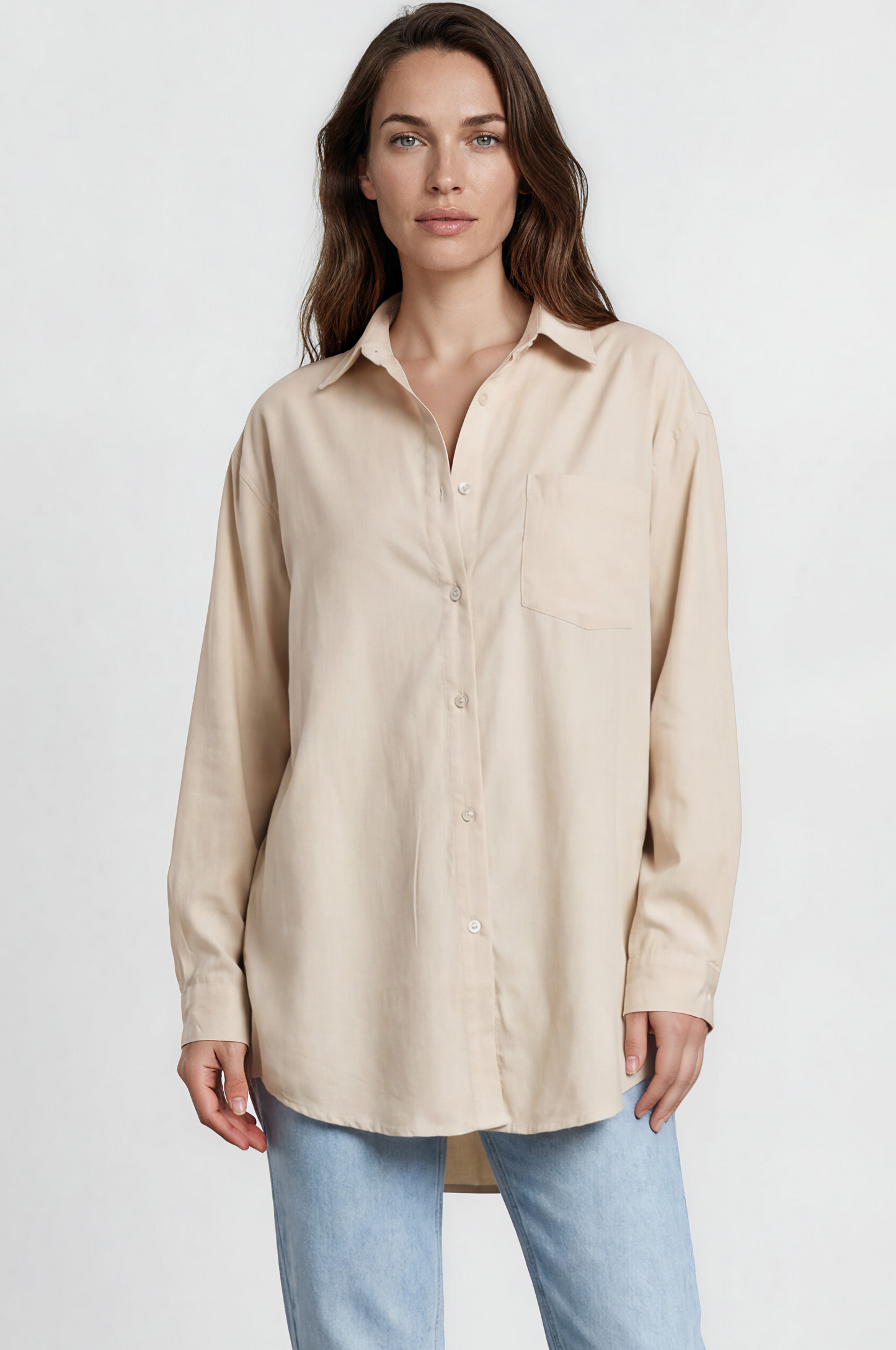 Lopez Shirt - Wing Collared Oversized Button Down with Bodice Pocket in Beige