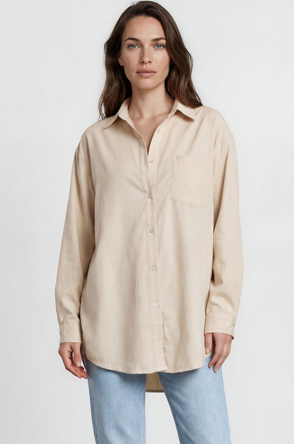 Lopez Shirt - Wing Collared Oversized Button Down with Bodice Pocket in Beige