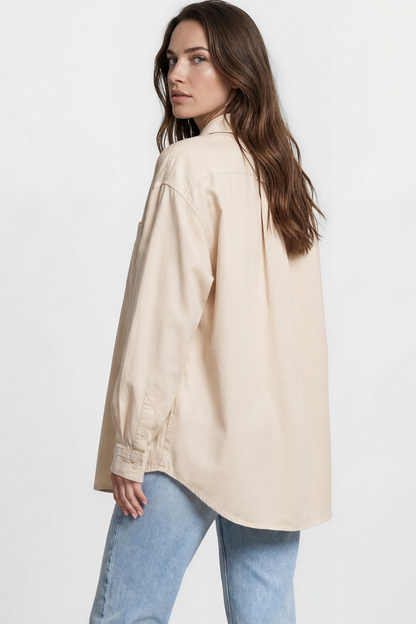 Lopez Shirt - Wing Collared Oversized Button Down with Bodice Pocket in Beige