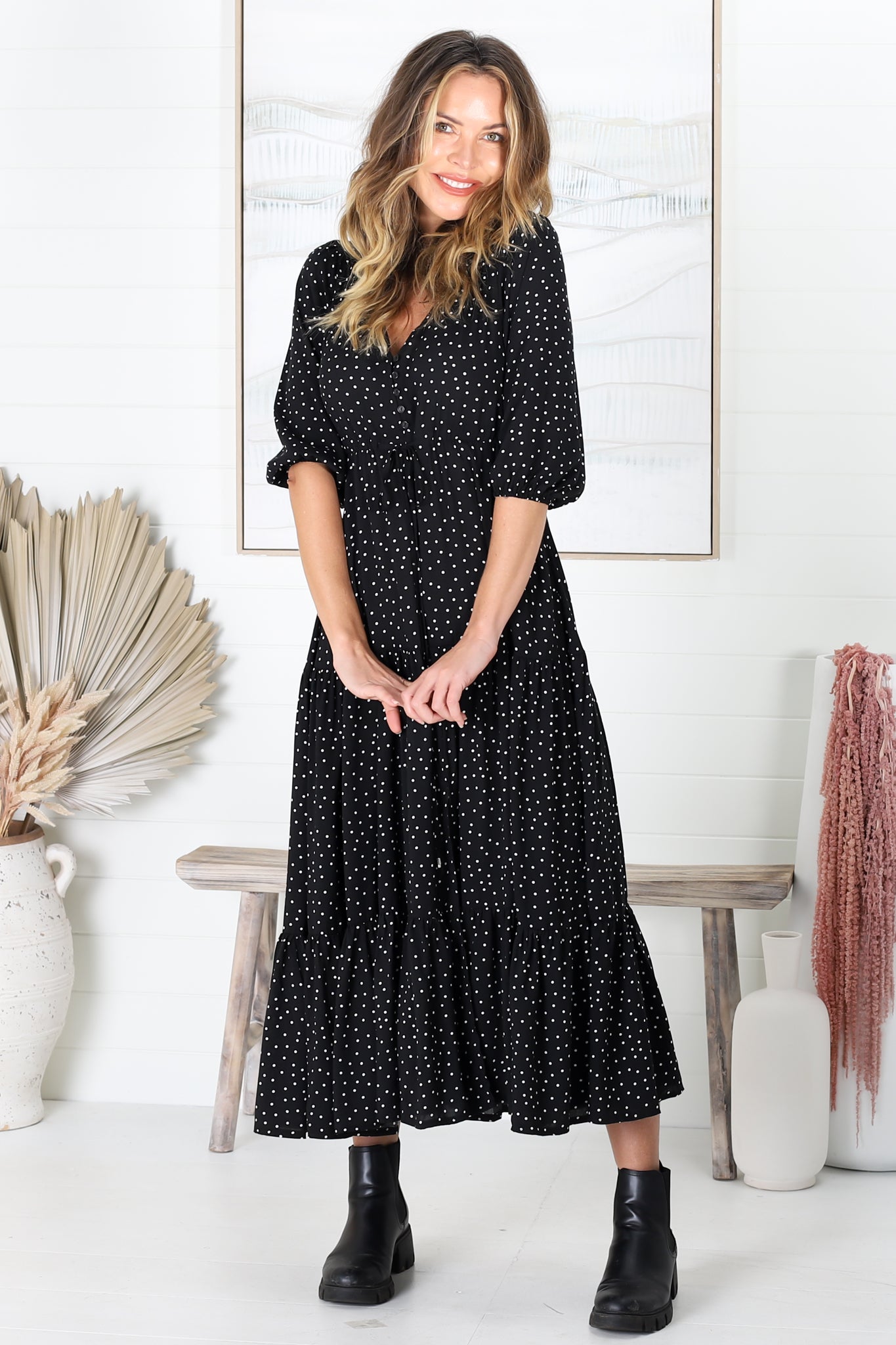 Montania Maxi Dress - Buttoned Bodice Pull in Waist Dress