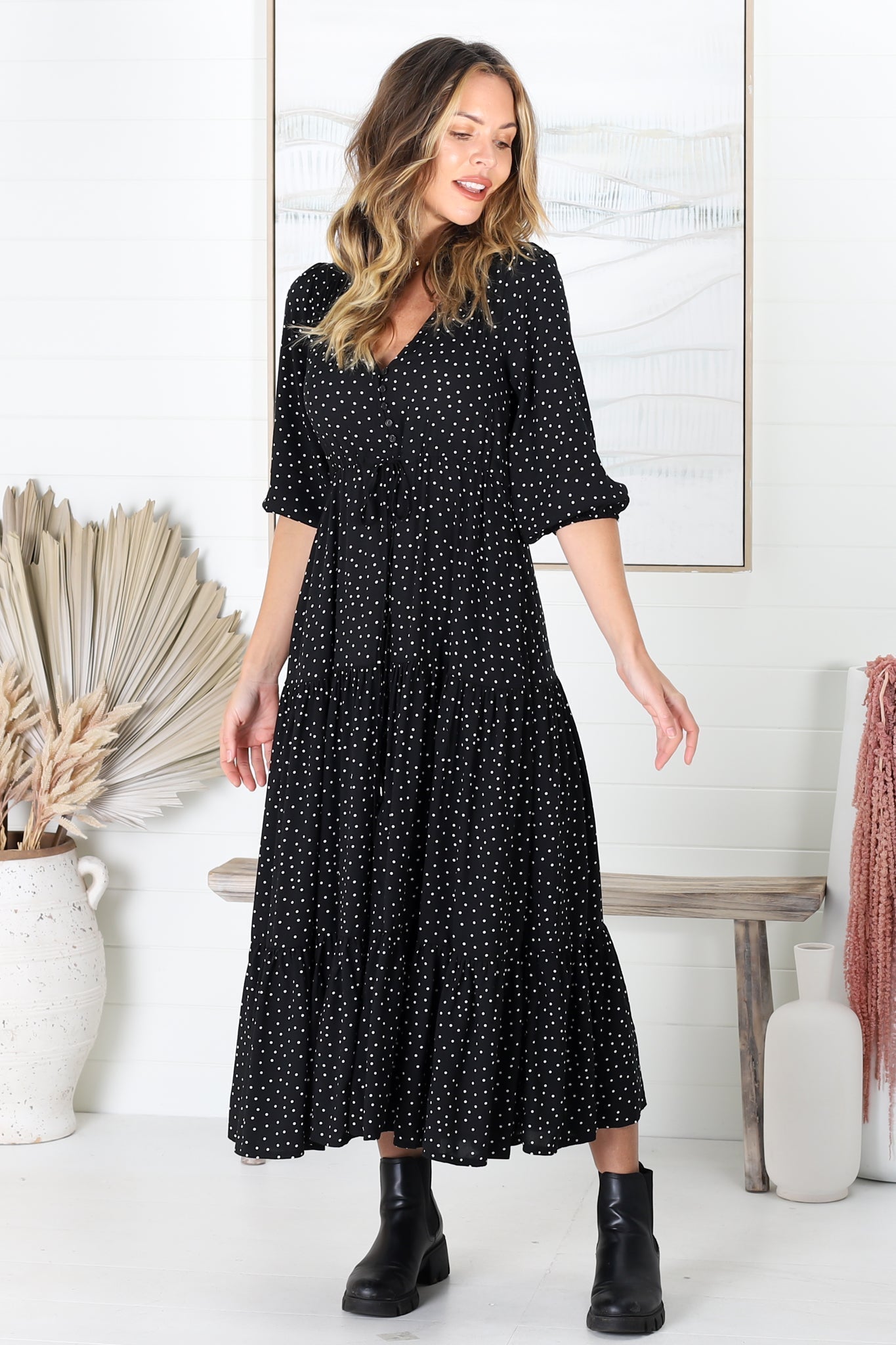 Montania Maxi Dress - Buttoned Bodice Pull in Waist Dress