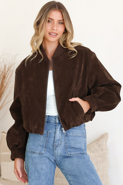 Lowry Jacket - Faux Suede Bomber Jacket with Pockets in Brown