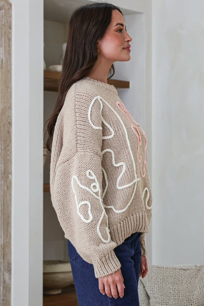 Lulu Jumper - Crew Neck Abstract Floral Motif Knit with Balloon Sleeves in Taupe