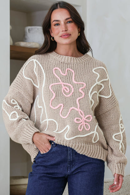 Lulu Jumper - Crew Neck Abstract Floral Motif Knit with Balloon Sleeves in Taupe