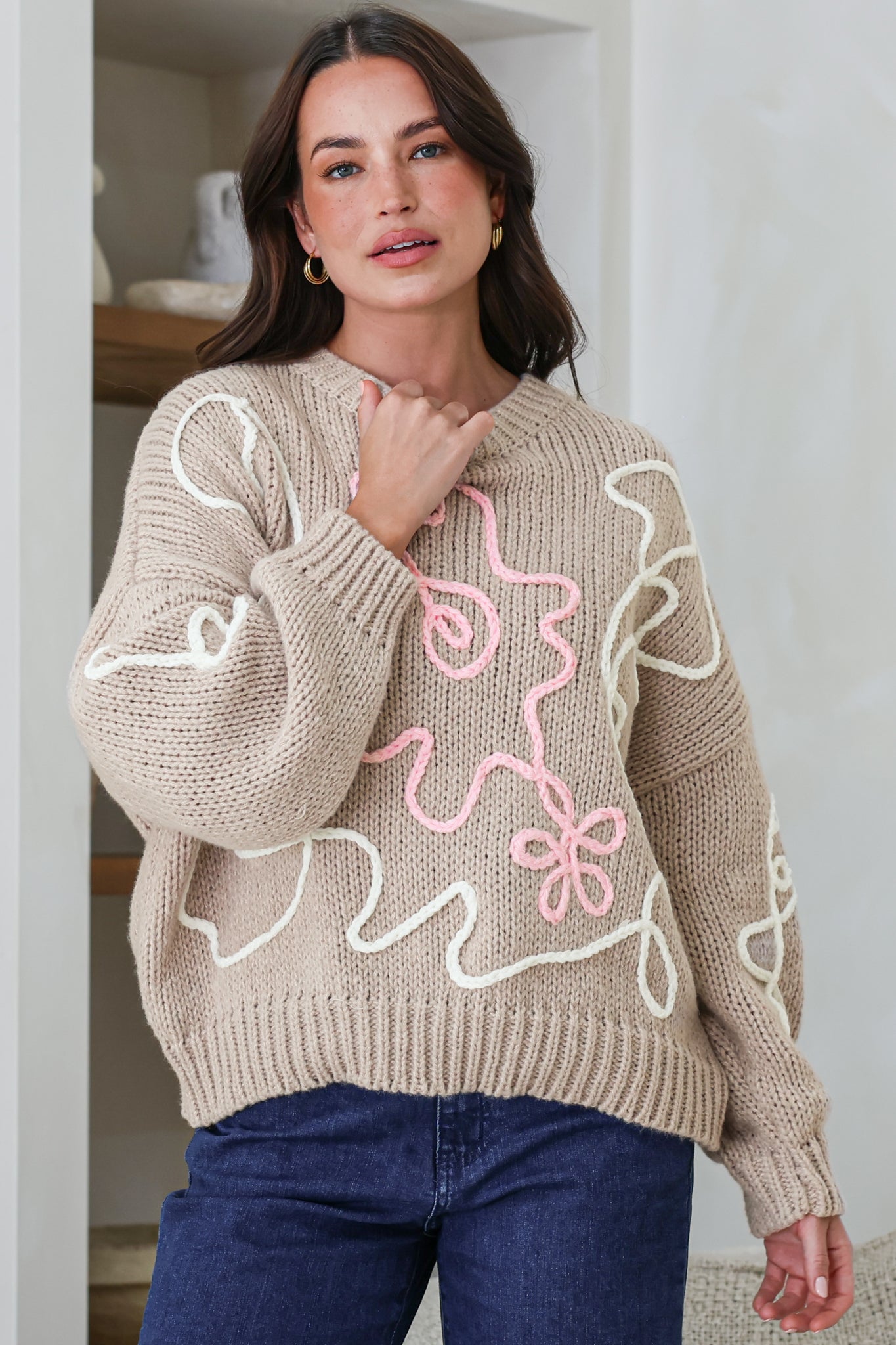 Lulu Jumper - Crew Neck Abstract Floral Motif Knit with Balloon Sleeves in Taupe