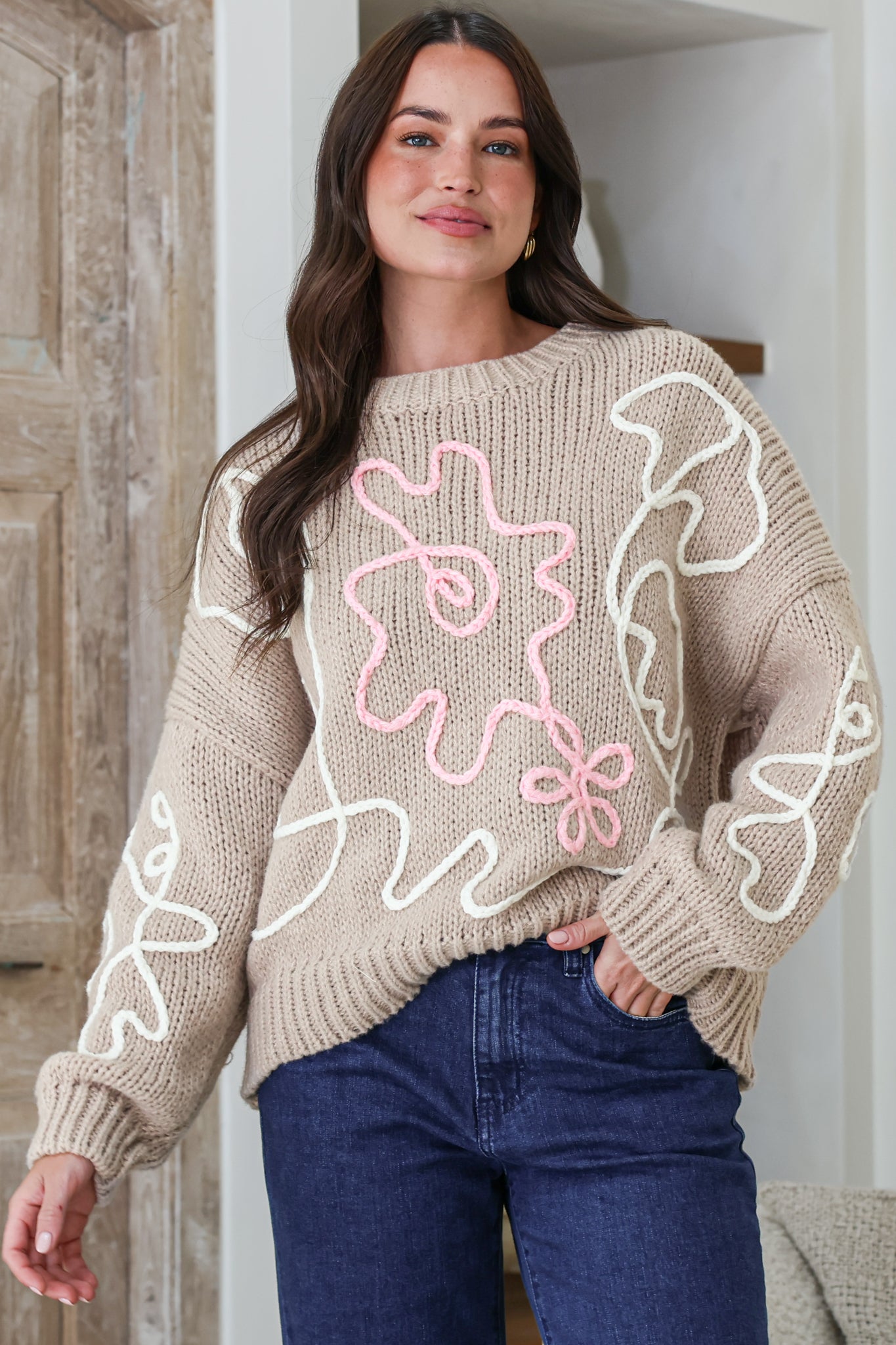 Lulu Jumper - Crew Neck Abstract Floral Motif Knit with Balloon Sleeves in Taupe