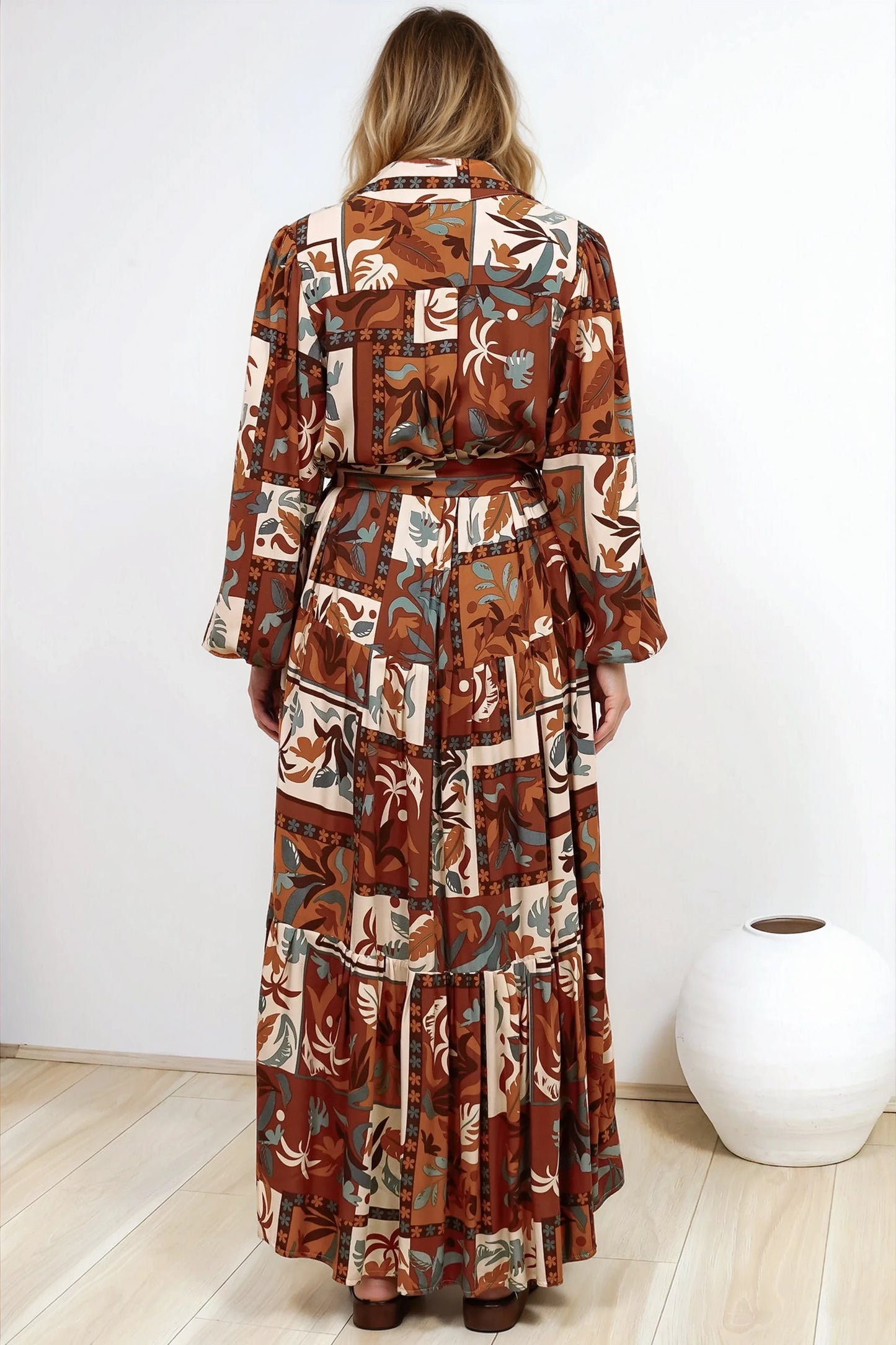Luxley Maxi Dress - Collared Button Down Shirt Dress with Matching Belt in Jaya Muse Print