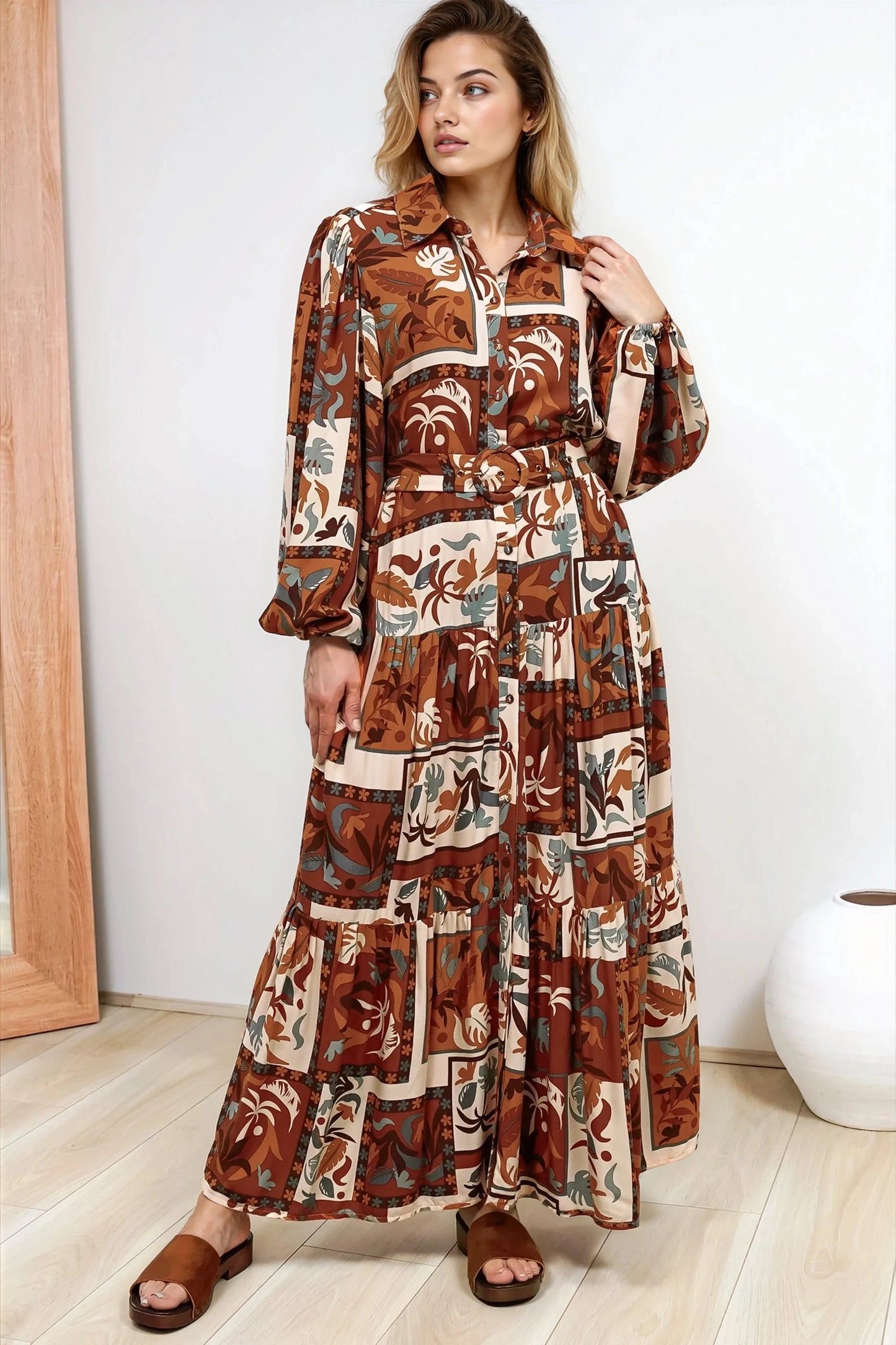 Luxley Maxi Dress - Collared Button Down Shirt Dress with Matching Belt in Jaya Muse Print