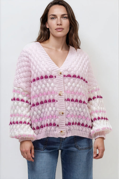 Lyla Cardigan - V Neck Button Front Bubble Knit with Contrast Stripes in Pink