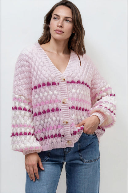 Lyla Cardigan - V Neck Button Front Bubble Knit with Contrast Stripes in Pink