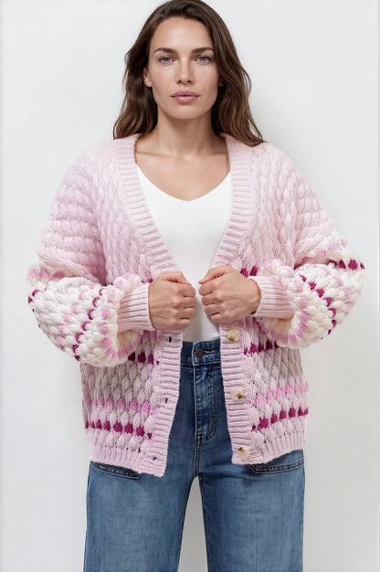Lyla Cardigan - V Neck Button Front Bubble Knit with Contrast Stripes in Pink