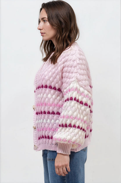 Lyla Cardigan - V Neck Button Front Bubble Knit with Contrast Stripes in Pink
