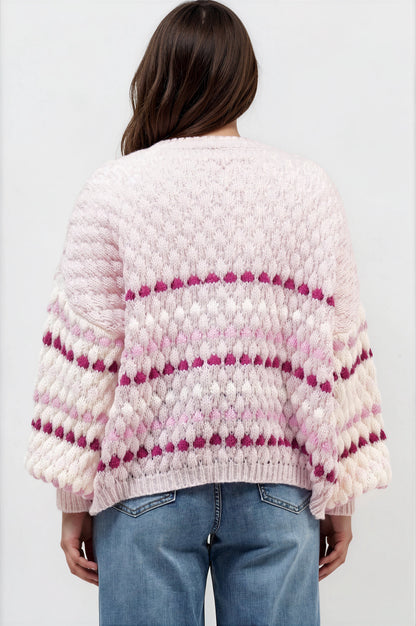 Lyla Cardigan - V Neck Button Front Bubble Knit with Contrast Stripes in Pink