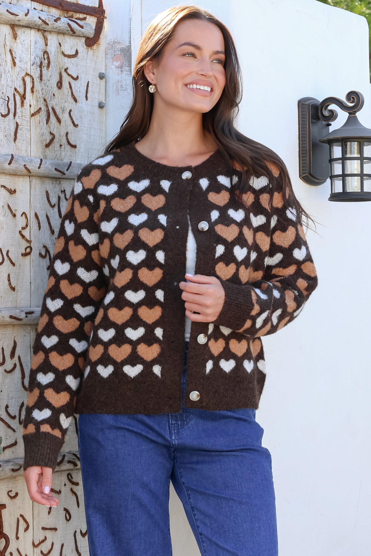 Lynnie Cardigan - Round Neck Button Down Knit with Heart Graphic Motif in Coffee