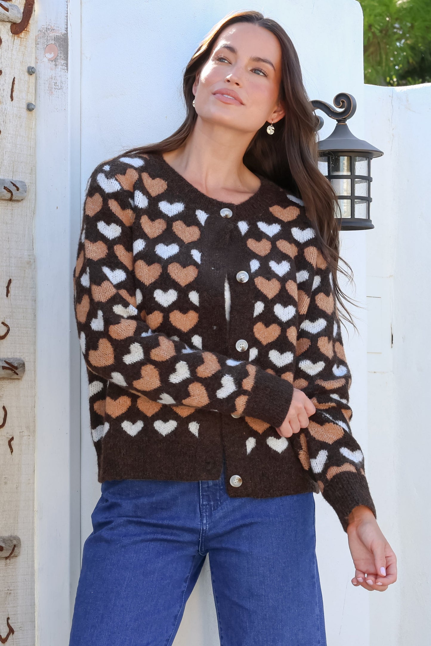 Lynnie Cardigan - Round Neck Button Down Knit with Heart Graphic Motif in Coffee