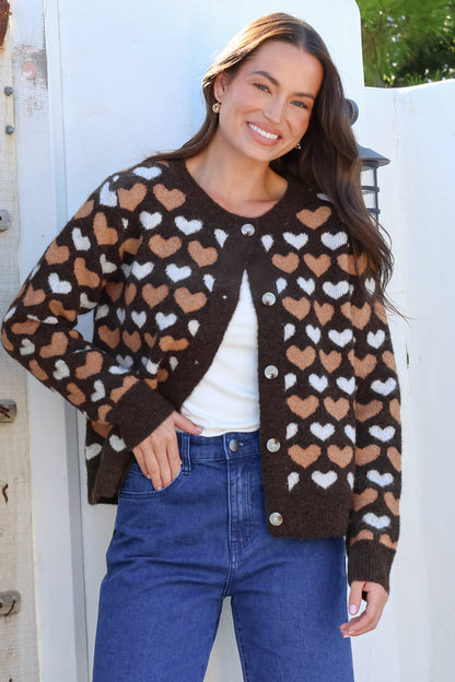 Lynnie Cardigan - Round Neck Button Down Knit with Heart Graphic Motif in Coffee