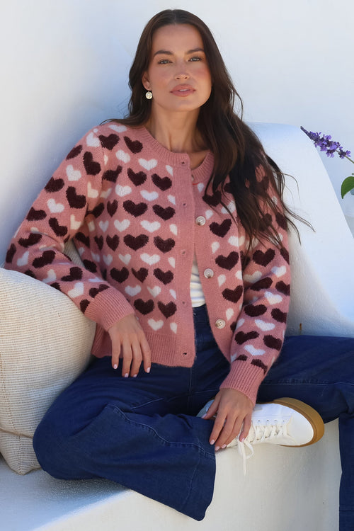 Lynnie Cardigan - Round Neck Button Down Knit with Heart Graphic Motif in Pink