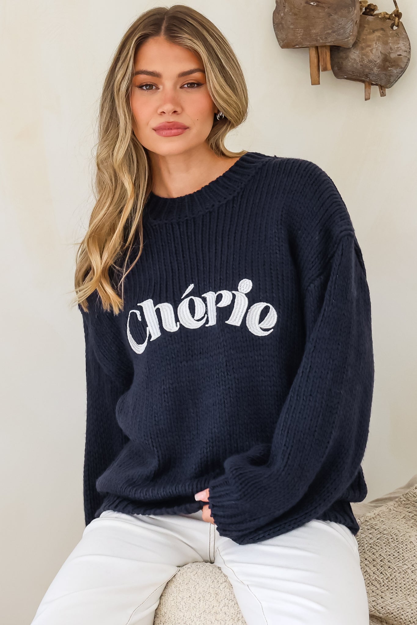 Ma Cherie Jumper - Embroidered Thick Knit with Crew Neck and Long Sleeves in Navy