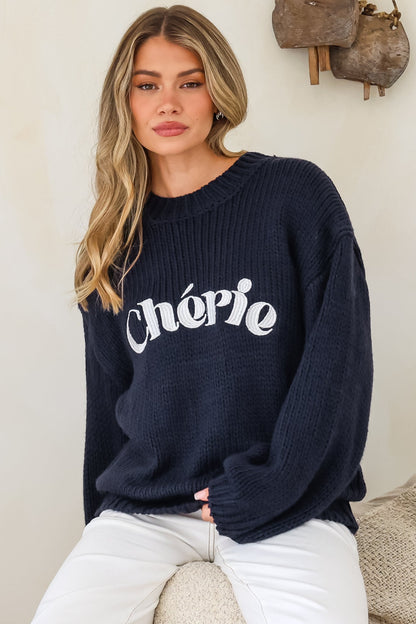 Ma Cherie Jumper - Embroidered Thick Knit with Crew Neck and Long Sleeves in Navy