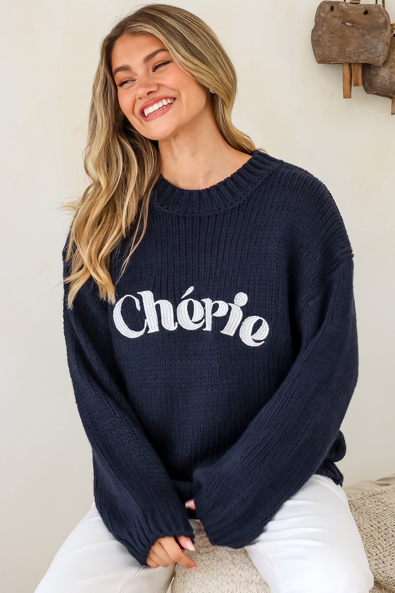 Ma Cherie Jumper - Embroidered Thick Knit with Crew Neck and Long Sleeves in Navy