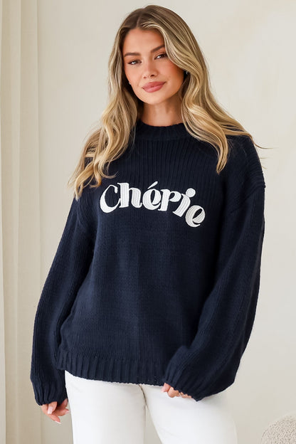 Ma Cherie Jumper - Embroidered Thick Knit with Crew Neck and Long Sleeves in Navy