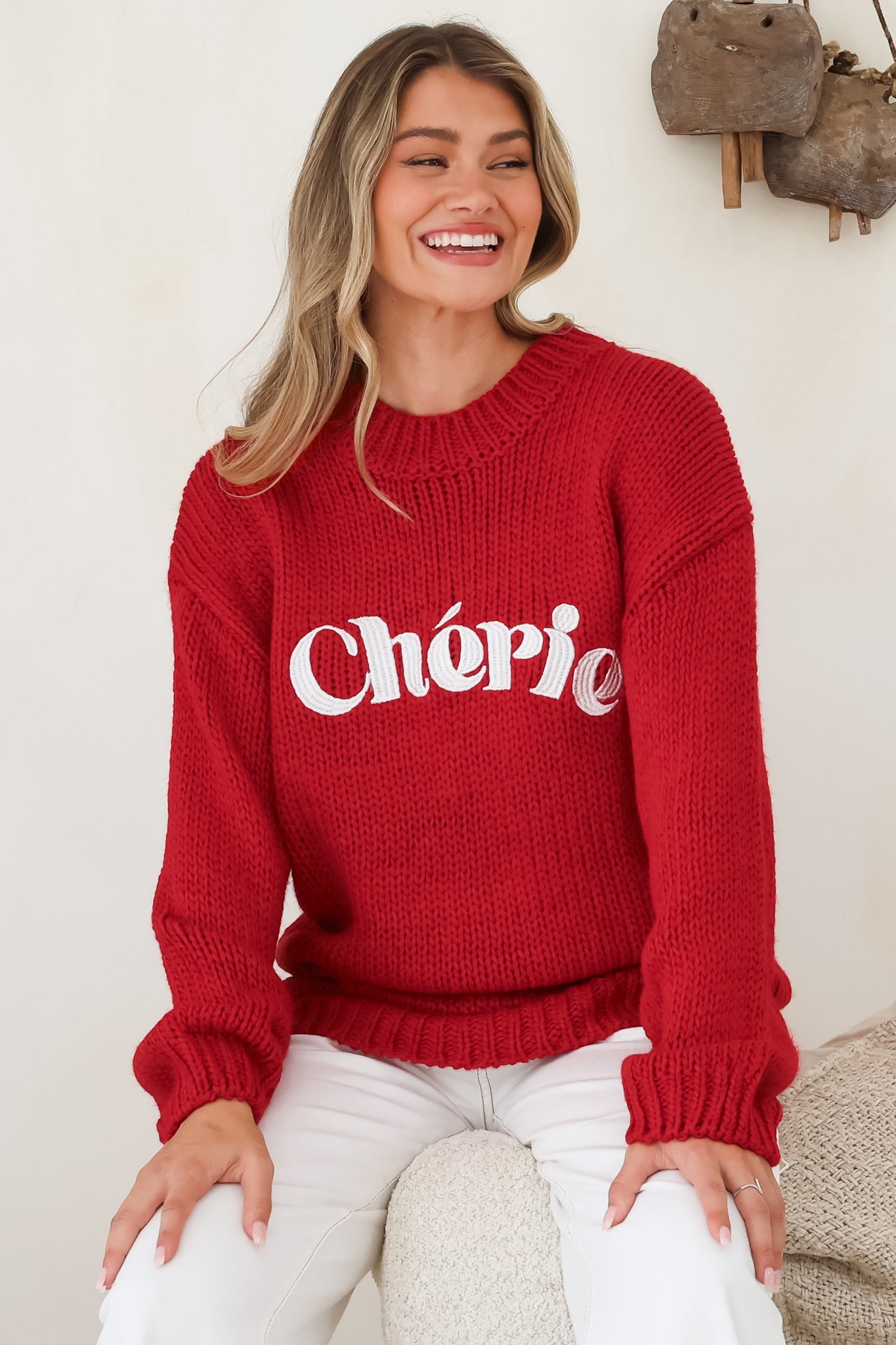 Ma Cherie Jumper - Embroidered Thick Knit with Crew Neck and Long Sleeves in Red