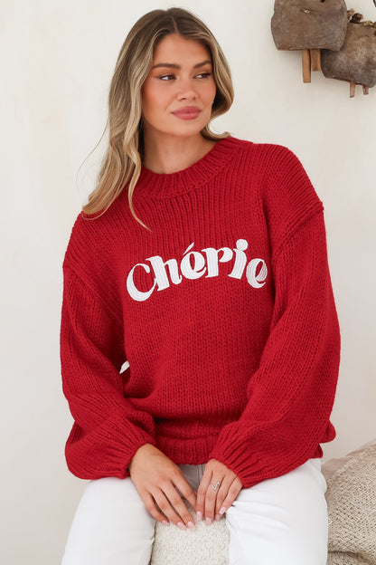 Ma Cherie Jumper - Embroidered Thick Knit with Crew Neck and Long Sleeves in Red