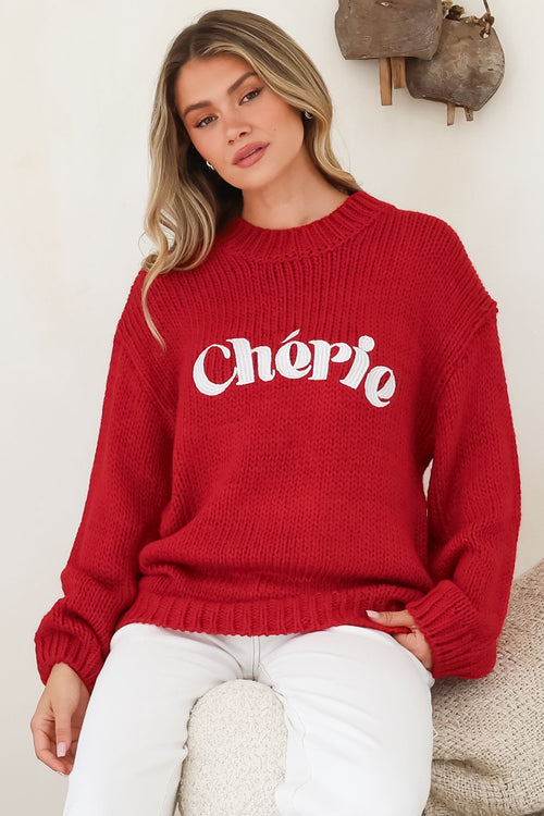 Ma Cherie Jumper - Embroidered Thick Knit with Crew Neck and Long Sleeves in Red