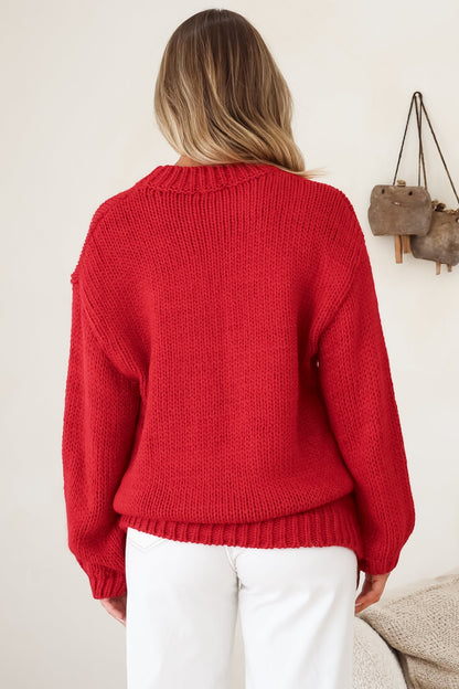 Ma Cherie Jumper - Embroidered Thick Knit with Crew Neck and Long Sleeves in Red
