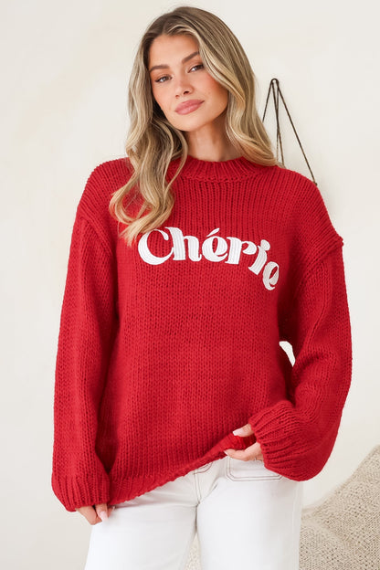 Ma Cherie Jumper - Embroidered Thick Knit with Crew Neck and Long Sleeves in Red