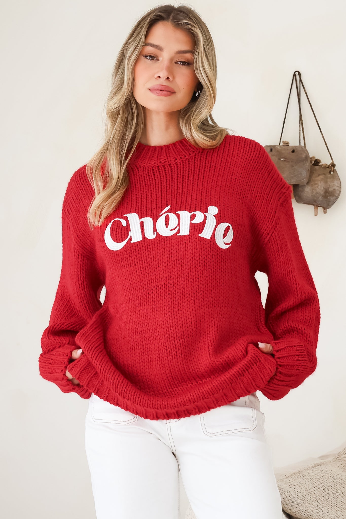 Ma Cherie Jumper - Embroidered Thick Knit with Crew Neck and Long Sleeves in Red