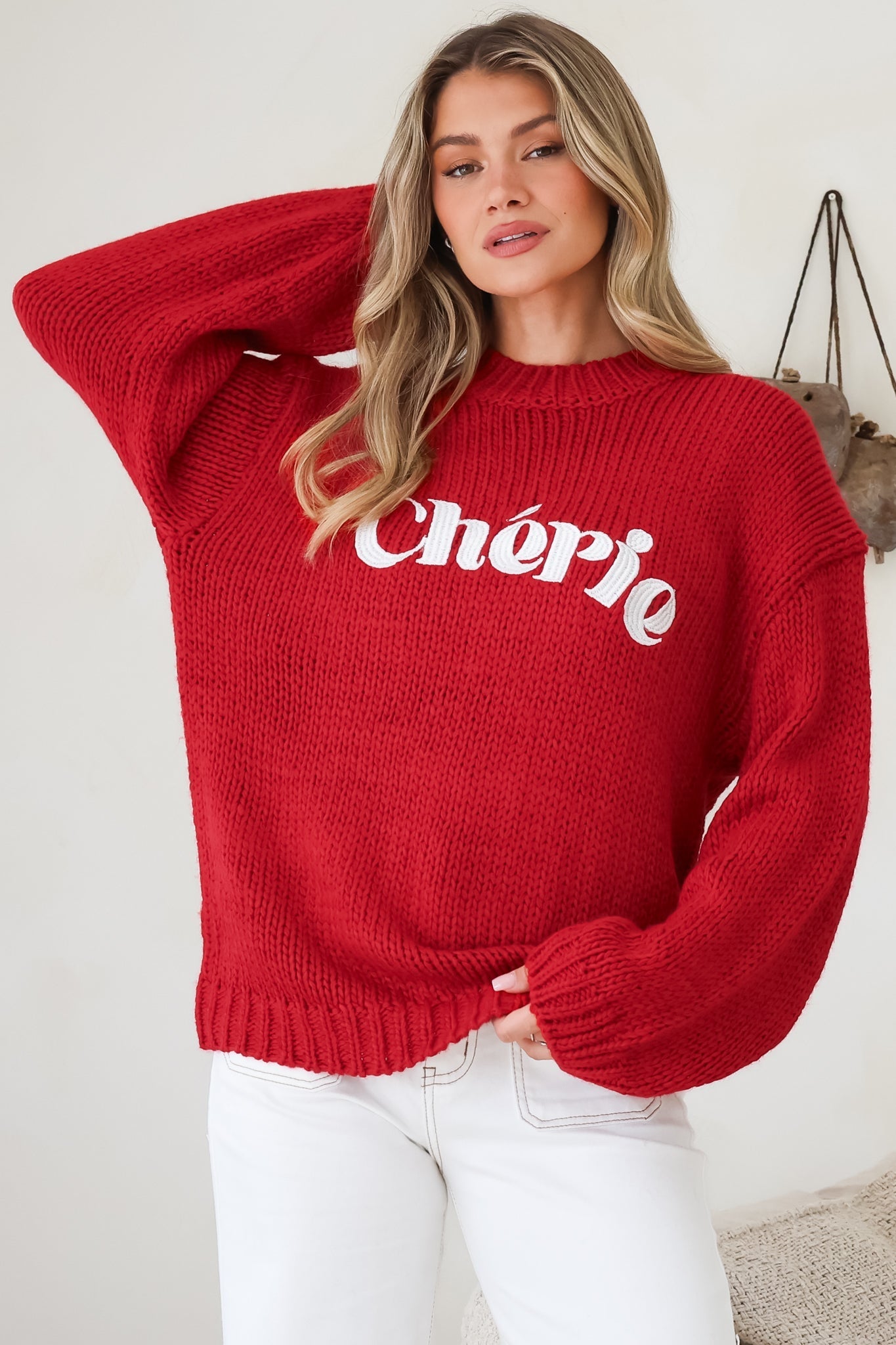 Ma Cherie Jumper - Embroidered Thick Knit with Crew Neck and Long Sleeves in Red