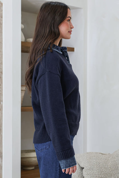 Maddie Jumper - Denim Wing Collar and Cuff Knit Pullover in Navy
