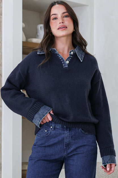 Maddie Jumper - Denim Wing Collar and Cuff Knit Pullover in Navy