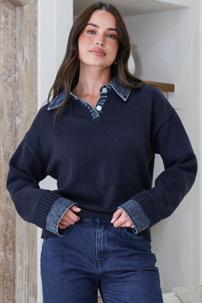 Maddie Jumper - Denim Wing Collar and Cuff Knit Pullover in Navy