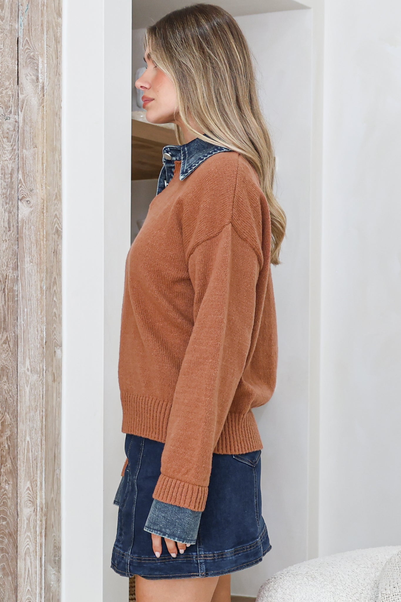 Maddie Jumper - Denim Wing Collar and Cuff Knit Pullover in Tan