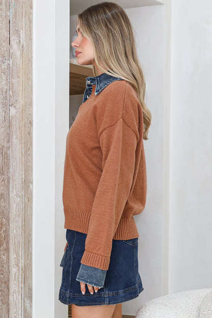 Maddie Jumper - Denim Wing Collar and Cuff Knit Pullover in Tan