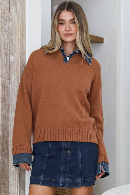 Maddie Jumper - Denim Wing Collar and Cuff Knit Pullover in Tan