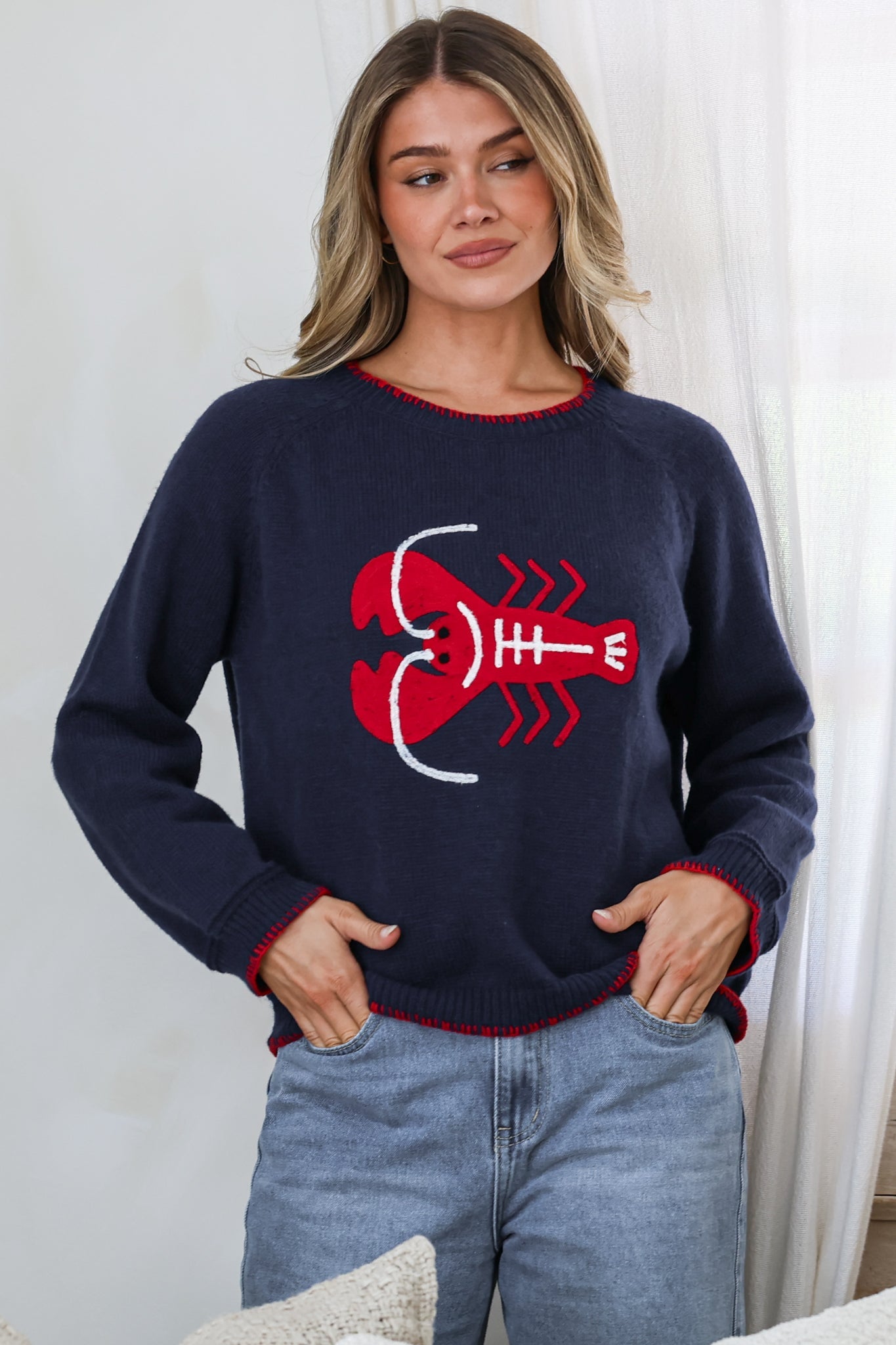Maine Jumper - Contrast Stitch Crew Neck Knit with Embroidered Lobster Motif in Navy