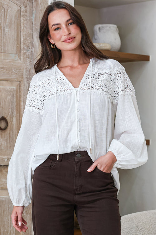 Maldon Blouse - Lace Yoke Neckline Button Down with Neck Tie and Long Sleeves in White