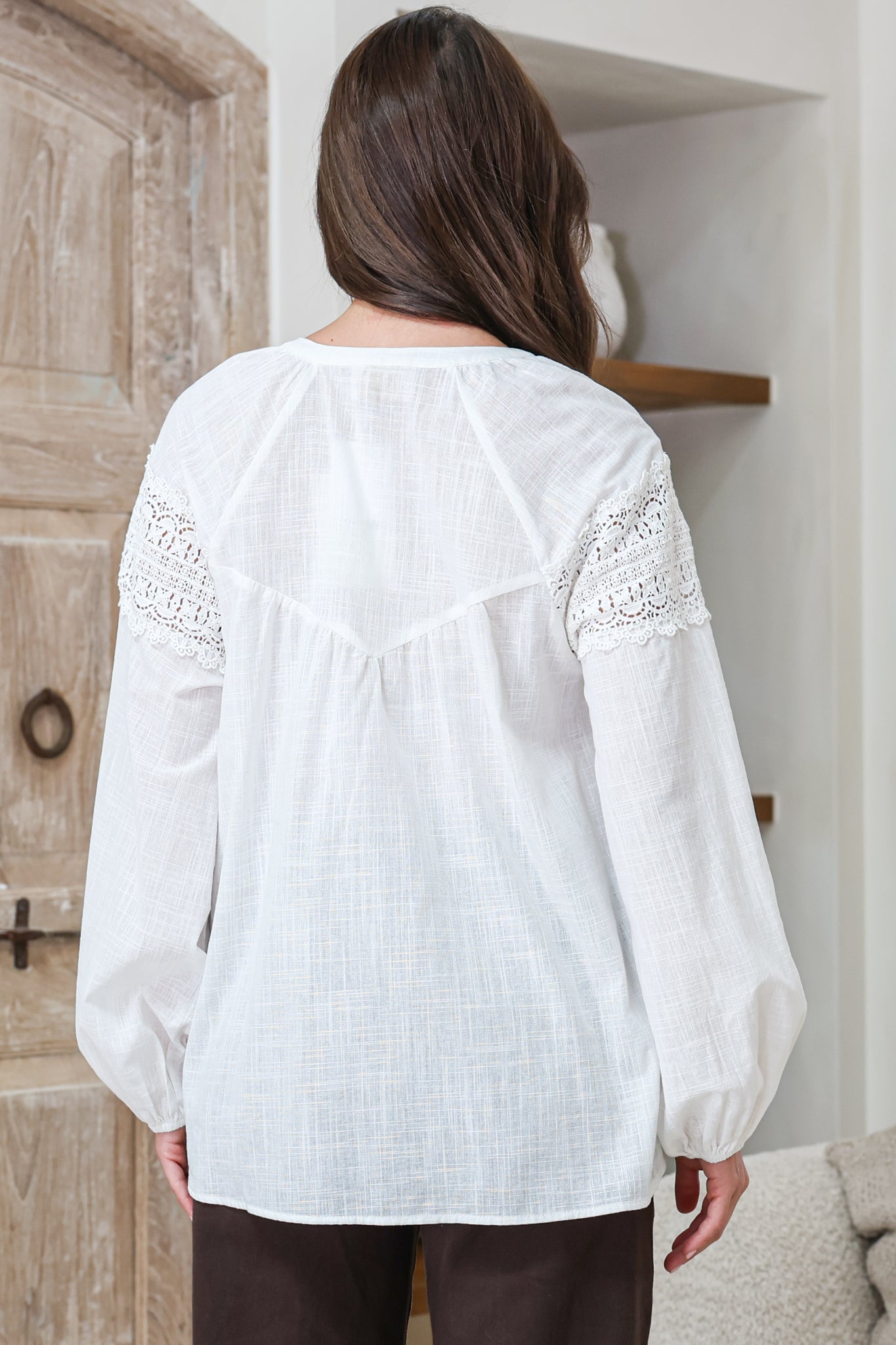Maldon Blouse - Lace Yoke Neckline Button Down with Neck Tie and Long Sleeves in White